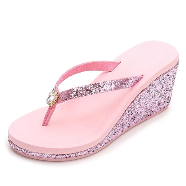 Kilehæl Flip Flops med Platformsål til Kvinder - Åben Tå - Høj Hæls Flip Flops - Skridsikre - Bløde Rhinestones - Glitter - Gem-WELLNGS Pink US 7