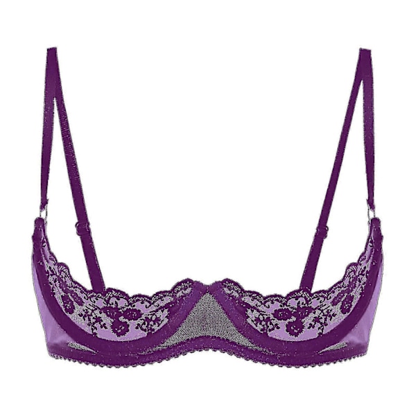 Dam 1/2 Kupa Push Up Bygel Spets BH Underkläder Öppen Kupa BH Toppar Justerbar Rem Svampvadderad Behå Underkläder-WELLNGS Purple B L