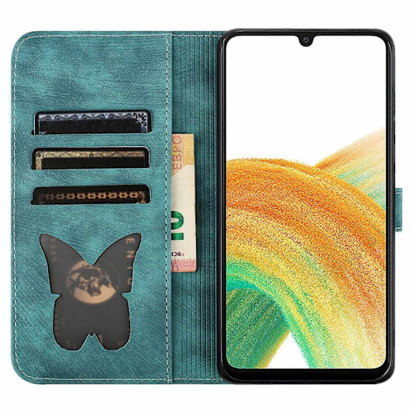 Kompatibel med Samsung Galaxy A15 4G/ A15 5G Kortlommer Deksel Sommerfugl Katt Lær Lommebok Telefon Deksel-WELLNGS Green