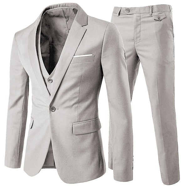 Allthemen Herrehabit 3-delt Business Solid Slim Fit Habit Jakke&amp;Bukser&amp;Vest-WELLNGS Beige Grey XL