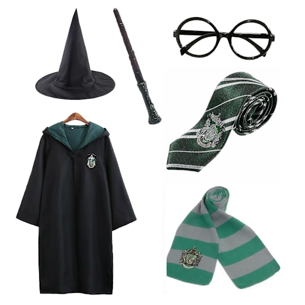 Harry Potter 6-delad set magisk trollkarl cosplay maskeradkappa mantel kostym - WELLNGS Green 135cm (7-8 years)