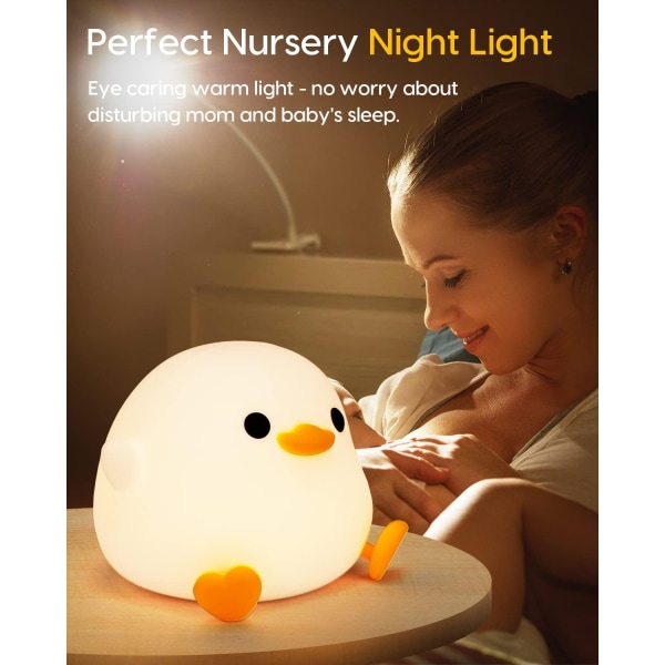 DoDo Duck Night Light, Cute Duck Lamp, Silikon Dimbar Nursery Nightlight, Uppladdningsbar LED Sänglampa med 20 minuters timer och tryck-WELLNGS