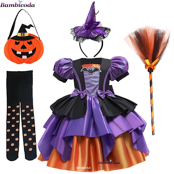 Flickor Fancy Pumpa Halloween Klänning Barn Cosplay Bat Print Häxkostym Semesterfest Klänning Barn Prinsessklänning 5-6 År Gammal (120)-WELLNGS 5-6Y(120) a-15