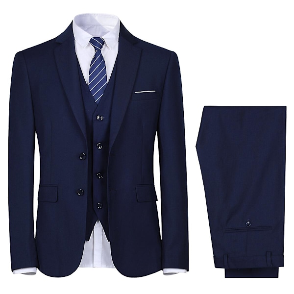 Allthemen Herresæt til Bryllup Fest Middag 3-delt Business Sæt Blazer Vest Bukser 9 Farver-WELLNGS Navy Blue XS