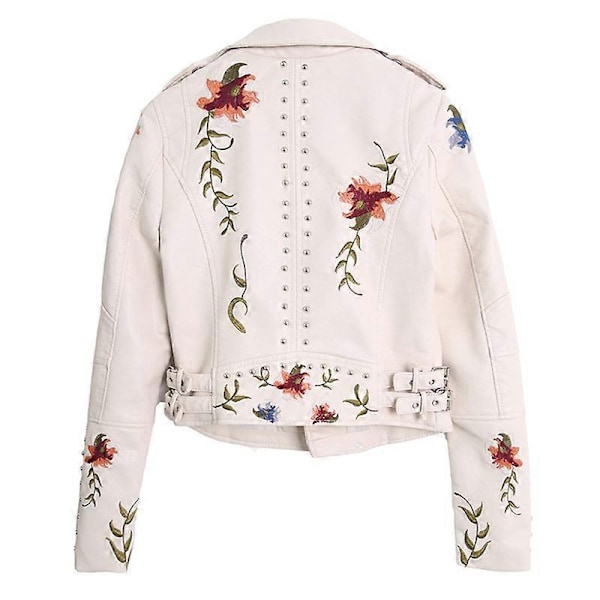 Blommig Natt Läderjacka Kvinnor Konstläderjacka Casual Kort Kavaj Vår och Höst Säsong-WELLNGS Beige L