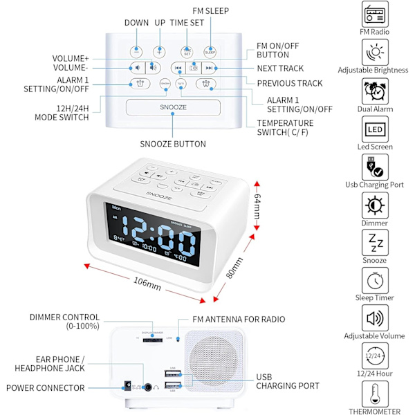 Dubbel väckarklocka radio, digital väckarklocka med 2 USB-laddningsportar, (vit)-WELLNGS