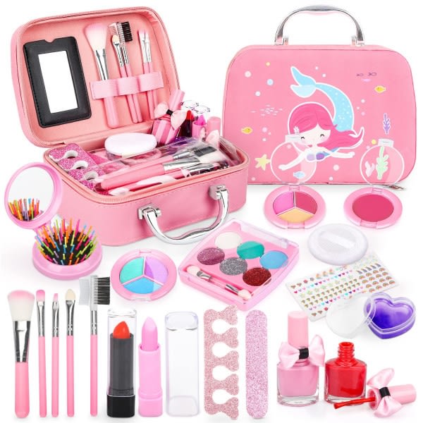 Meikkilelut tytöille ja lapsille, 20 kpl meikkilaatikko, vaaleanpunainen set, paras lahja tytöille-WELLNGS