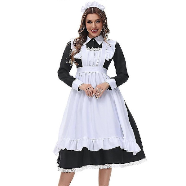 Halloween-kostyme Engelsk Blonder Pikeromsdame Kostyme Svart og Hvit Midi Skjørt Butler - WELLNGS 170cm