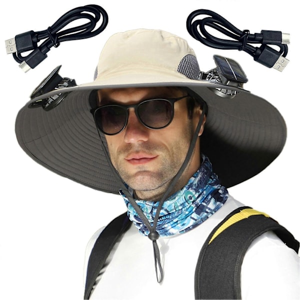 Solhatt med 2 fläktar, bred brätte, vindtät, sol- eller USB-laddning, UV-skydd, bra andningsförmåga, fiske-, camping- och resehatt - WELLNGS B