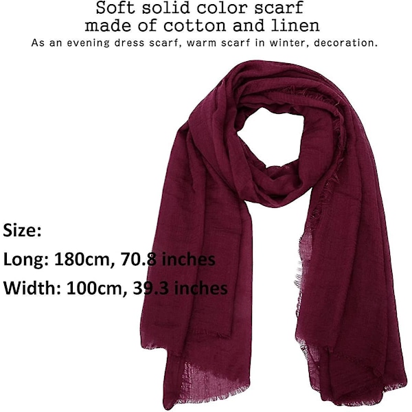 Dam Olaof Scarf Bomull Linne Chic Dam Solid Färg Mjuk Scarf Stor Lång Wrap Sjal Scarves,180100cm-WELLNGS Wine Red