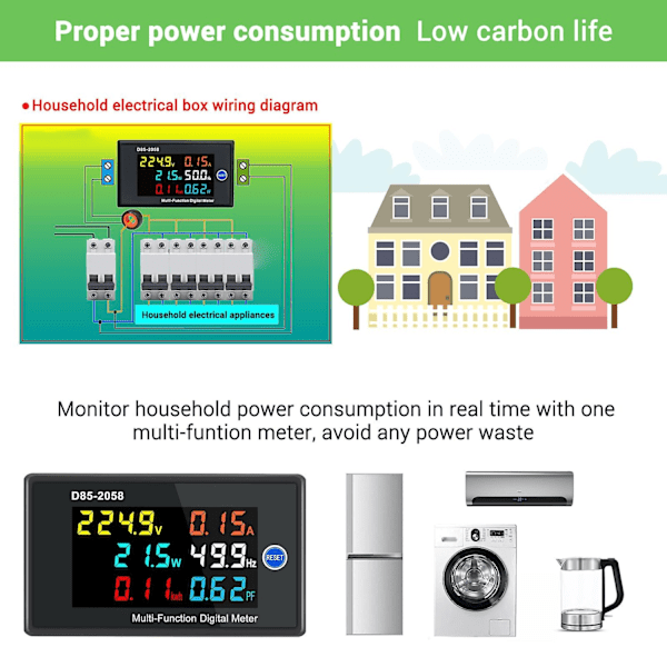 Multifunksjonell enfaset digital måler LCD-skjerm AC-spenning AC-strøm Frekvens Elektrisk energi Strøm -WELLNGS AC200-450V