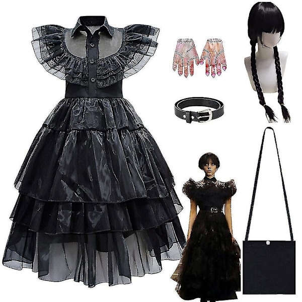 Barn jenter Wednesday Addams familie kostyme Halloween kjole bursdagsfest kjole Fanny Pack hansker-WELLNGS Dress Belt Bag Gloves 130cm