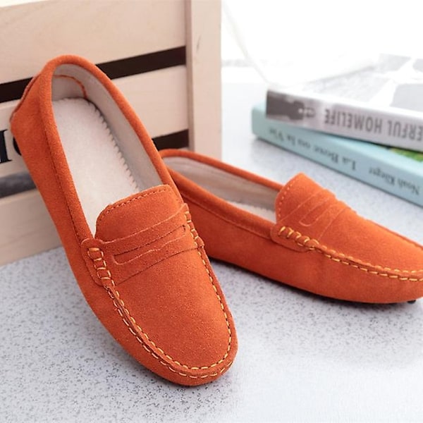 Dame Sko 2023 Ekte Lær Dame Flate Sko Casual Loafers Slip On Dame Ballerinaer Moccasins Dame Kjøresko-WELLNGS Orange 10