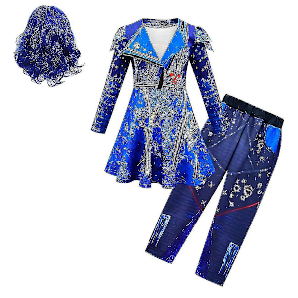 Kids Blue Audrey Kostym Set för Halloween Fest - Evie Descendants 3 Mal Cosplay Klänning Byxor Peruk-WELLNGS As shown7 140 (9-10Y)