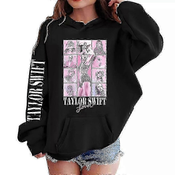 Taylor Swift Tryck Barn Flickor Hooded Sweatshirt Casual Långärmad Huvtröjor Lös Pullover Toppar-WELLNGS Black 8-9 Years
