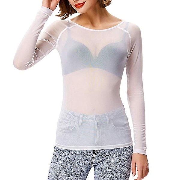Kvinners gjennomsiktig langarmet sømløs armformet topp mesh skjorte bluse-WELLNGS White XL