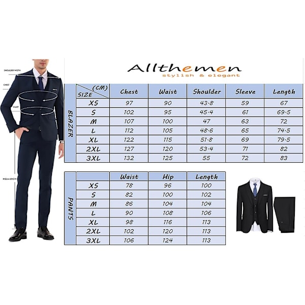 Allthemen Herre Dress for Bryllup Fest Middag 3-Delers Dress Blazer Vest Bukse 9 Farger-WELLNGS Navy Blue XL