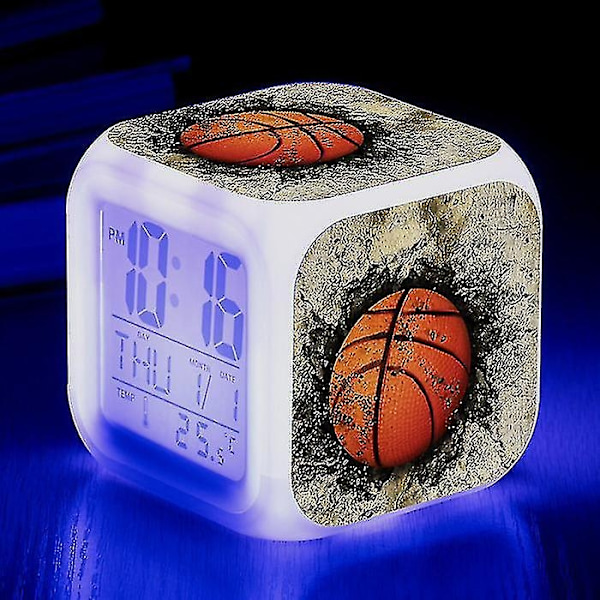 Basketball Vækkeur 7 Farver Skift Multifunktion Noctilucence Elektronisk Ur Børneværelse Vågne Timer Fødselsdagsgave til Barn Tw-WELLNGS Blue