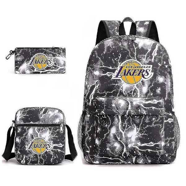 Kolmiosainen koululaukku Lakers -painatus kynäpussi olkalaukku korkea laatu korkea laatu-WELLNGS Lightning black Three piece set