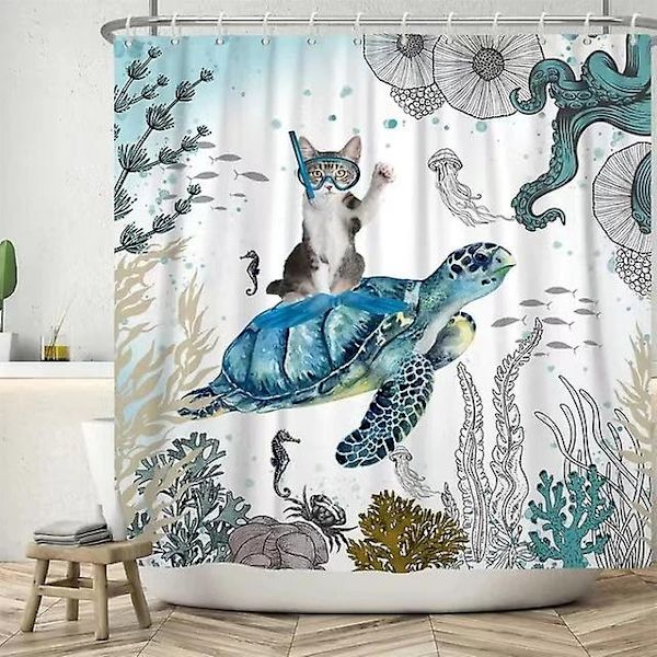 Hauska kissa suihkuverho, viileä kissa dinosaurus japanilainen valtameren aalto sisustus kangas kylpyhuone verhot, lapset maalaismainen puinen kylpyverho-WELLNGS 426sf 180x200cm-70x78in