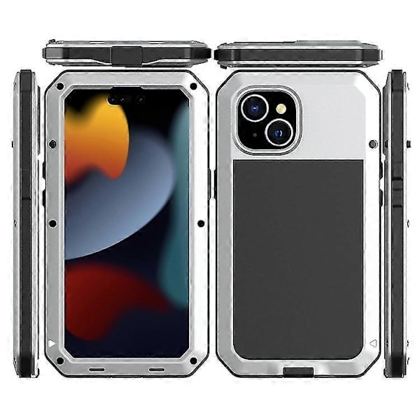Kompatibel med Iphone 15 Støtsikker Liv Vanntett Støvtett Metall + Silikon Mobiltelefon Deksel-WELLNGS Silver 15 Pro Max