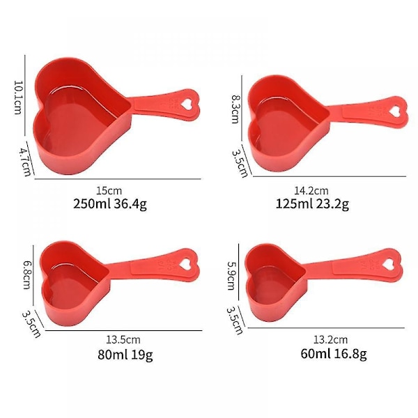 Keittiön sydämenmuotoinen mittakuppi leivontatyökalusarja, 4-osainen sarja, jota käytetään leivonnan ja ruoanlaiton mausteiden mittaamiseen keittiössä (punainen) - WELLNGS
