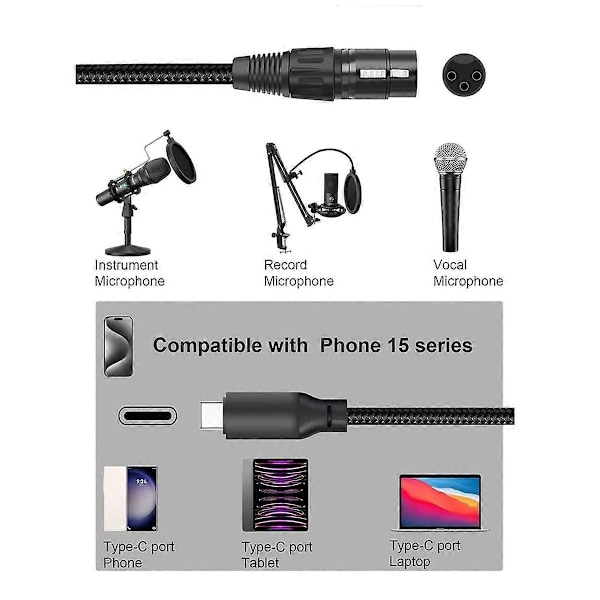 XLR-USB C -kaapeli, USB C-XLR-kaapeli puhelimesta mikrofoniin, XLR-USB-kaapeli tablettia, kannettavaa tietokonetta ja muita Type-C-laitteita varten (6FT) - WELLNGS