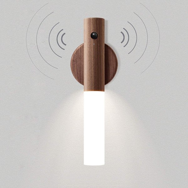 Trådløs LED-vegglampe i tre, batteridrevet innendørs vegglampe, med bevegelsessensor, batteridrevet, USB-oppladbar, magnetisk, varm hvit - WELLNGS Walnut