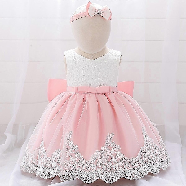 Barn Baby Flicka Fest Bowknot Tutu Klänning Festspel Bröllop Prinsessa Dop-WELLNGS Pink 6-12 Months