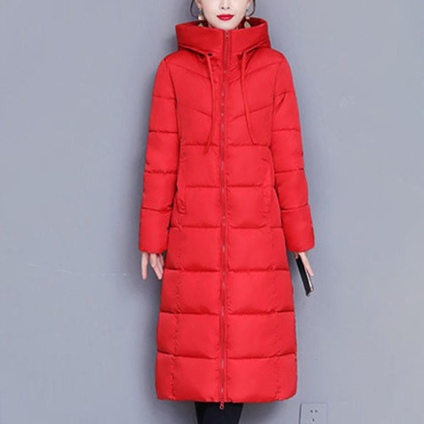 Kvinners vinter dunjakke casual lang glidelås yttertøy puffer jakke egnet for venner samling slitasje-WELLNGS Red 2XL