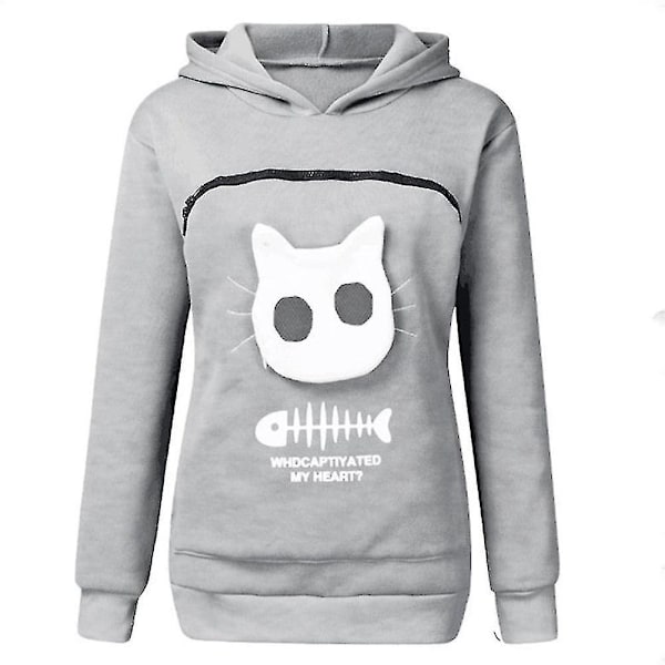 Sweatshirt med Kænguru-lomme til Katte-elskere - Hundedyr Pote Trøjer Kælelomme Sweatshirt Lomme Dyreører Hættetrøje - WELLNGS Light Gray XXL