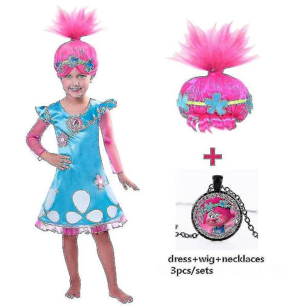 Halloweengirls-mekot Trolls Poppy Cosplay -asut Tyttöjen mekot Streetwear Halloween-vaatteet Lapset Kaulakoru Peruukki Fancy Girl Dress-WELLNGS 868-3pcs 140-9-10Y-