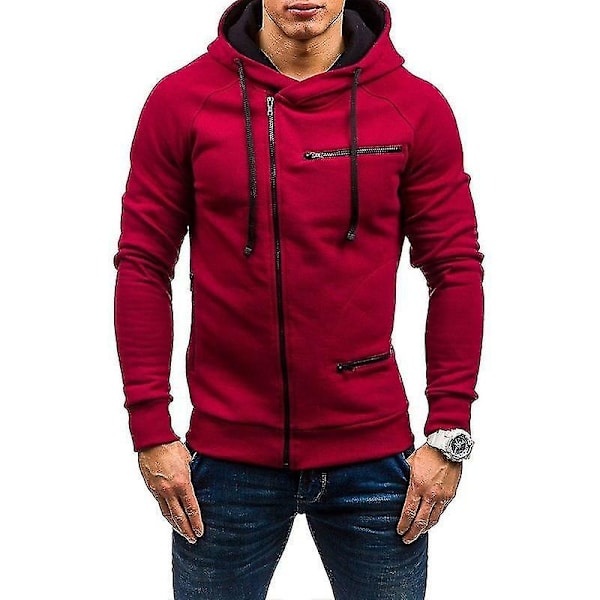 Herre Zip Up Hoodies Frakke Hættetrøje Jakke Hoody Slim Fit Jumper Tops-WELLNGS Wine Red L