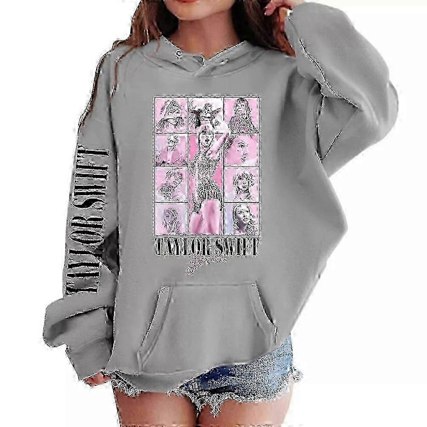 Taylor Swift Tryck Barn Flickor Hooded Sweatshirt Casual Långärmad Huvtröjor Lös Pullover Toppar-WELLNGS Gray 12-13 Years