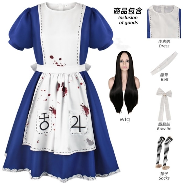 Spill Alice Madness Returns Cosplay Kostyme Alice Piken Uniform Voksen Kvinne Halloween Anime Jente Karneval Kle Deg Ut Fest XXXL-WELLNGS XXXL costume and wig