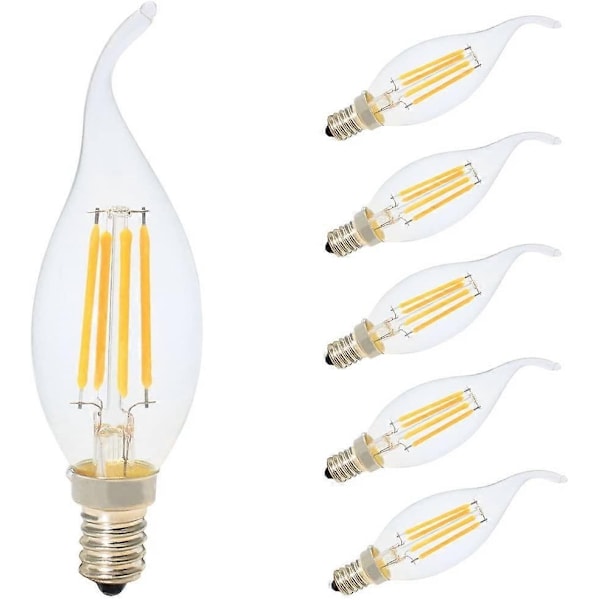 5 stk. E14 Filament LED Pære, Kertepærer, Varm Hvid Skruepære - WELLNGS
