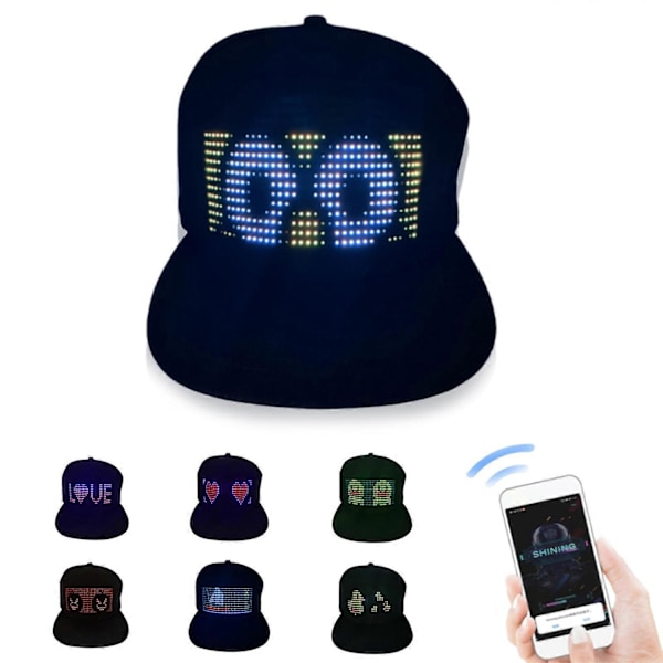 LED-hatt med LED-skjerm, tilpasningsbar Bluetooth-hatt med LED-lys, DIY-melding, 22 animasjoner, 20 bilder, musikk - WELLNGS