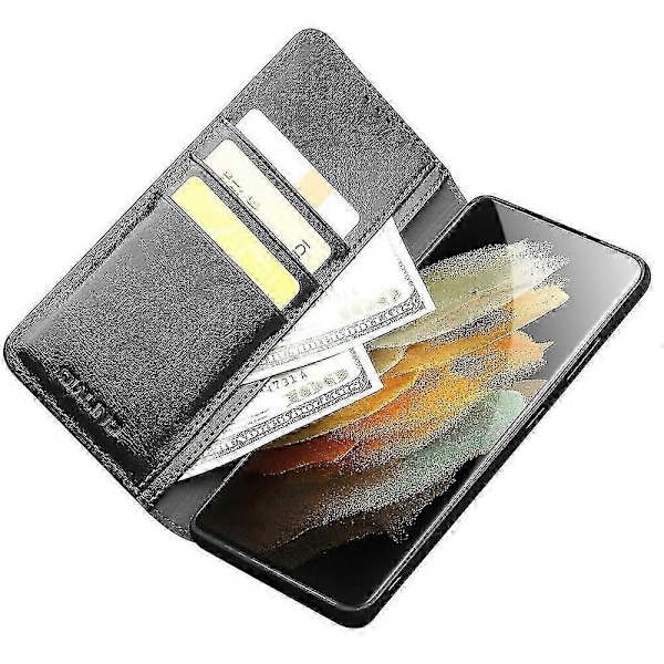 QIALINO Ekte Skinn Telefondeksel Kompatibelt med Samsung Galaxy S21 Ultra 5G Stativ Lommebok Folio Flip Case P20250110223-WELLNGS Black