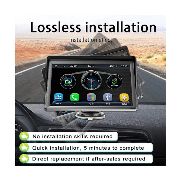 Bærbar Dash Mount Carplay Display 7 tommer berøringsskjerm, Bluetooth bilstereo radio - WELLNGS