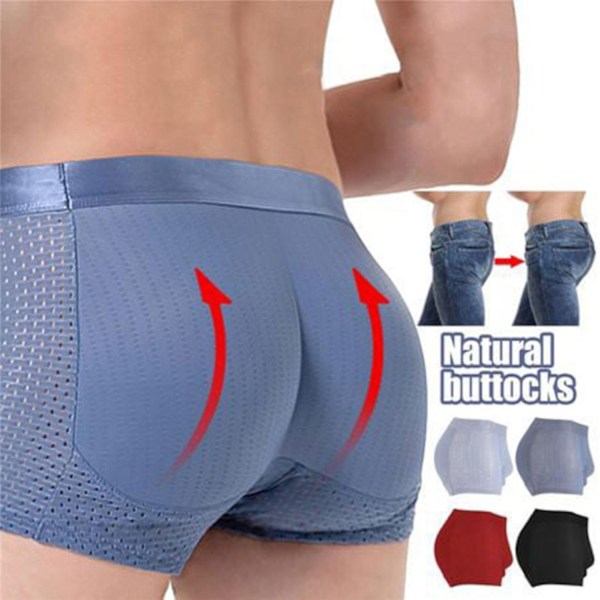 Herr Mesh Andningsbara Butt Lift Boxer Briefs Underkläder med Butt Pad Förstoring, 50% Erbjudande-WELLNGS Black XL