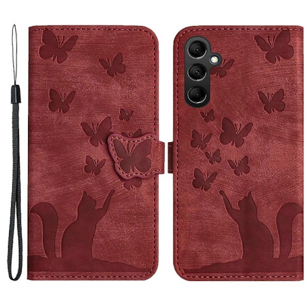 Kompatibel med Samsung Galaxy A15 4G/ A15 5G Kortfack Fodral Fjäril Katt Läder Plånbok Telefonfodral-WELLNGS Red