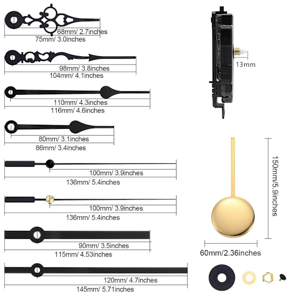 DIY Pendulum Urværk Mekanisme med 3 Par Forskellige Visere Kvarts Reparationsaksel Vægur K-WELLNGS