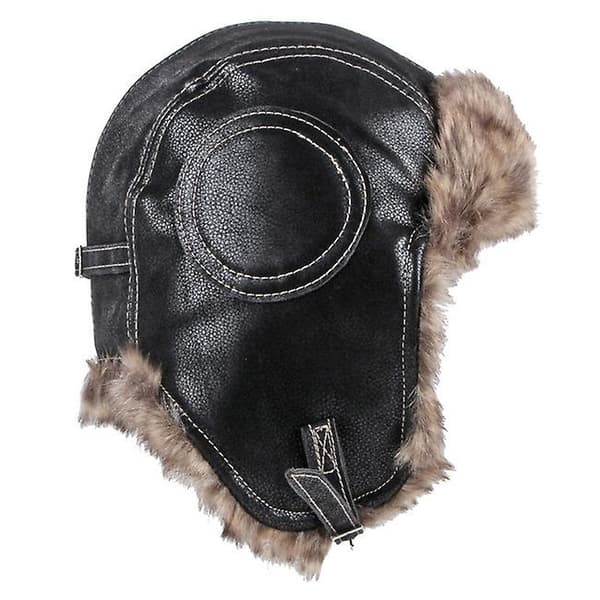 Aviator Læderhat Vinter Ski Pels Militær Pilot Hat - WELLNGS Black
