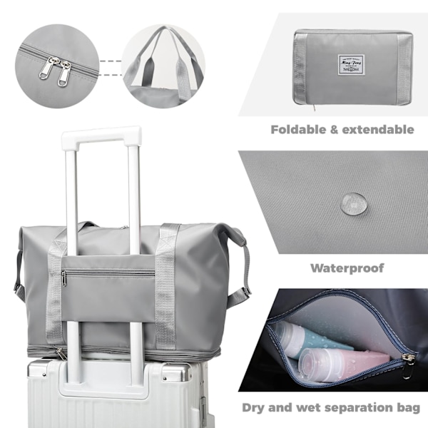 Sammenleggbar Reise Duffel Bag, Stor Kapasitet Sammenleggbar Sports Gym Bag, Lett Vanntett Bag Håndveske Håndbagasje (Lysegrå)-WELLNGS Gray