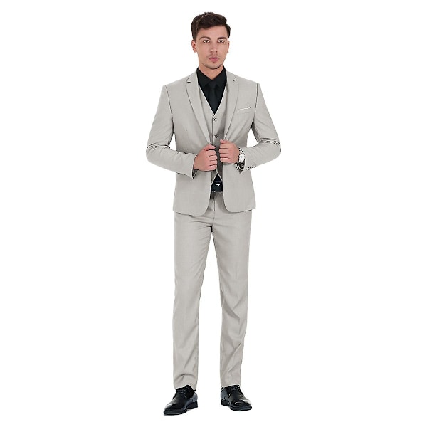 Allthemen Herre Dress 3-delt Business Ensfarget Slim Fit Dressjakke&amp;Bukser&amp;Vest-WELLNGS Beige Grey S