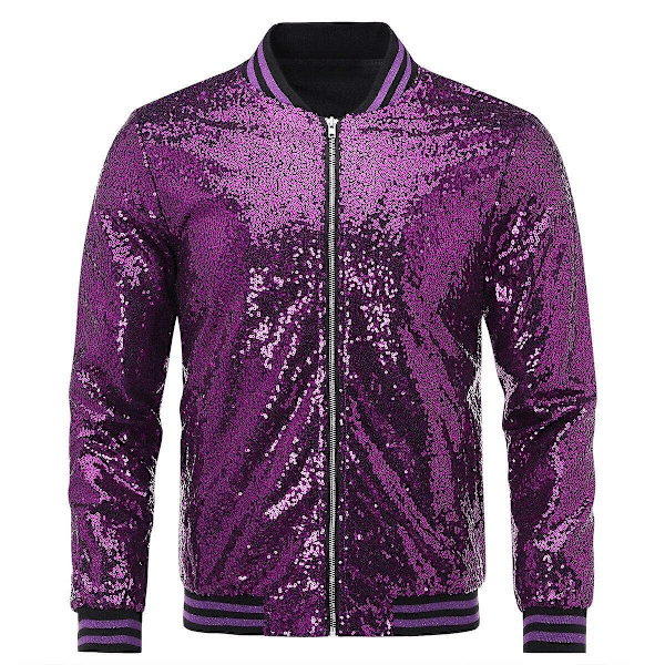 Allthemen Herre Sequin Casual Glidelås Fest Bomber Jakke-WELLNGS Purple XL