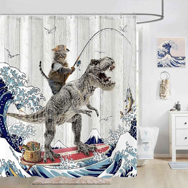 Sjov kat brusenhed, cool kat dinosaur japansk oceanbølge dekorativt stof badeværelsesgardiner, børnevenlige rustikke træ badeværelsesgardiner - WELLNGS 1152sc 150x180cm-60x70in