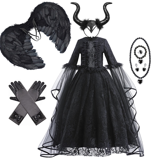 Maleficent-tyttöjen mekko, ylellinen pitsi, musta noitamekko, lasten Halloween-karnevaalirooliasu, tumma teema, rooliasusetti 03-WELLNGS Dress Sets 03 2Y Tag-100