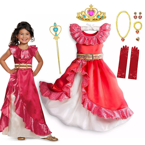 Disney Tegneserie Elena fra Avalor Cosplay Kostyme Liten Jente Bursdagsfestgave Prinsesse Elena Kjole Barn Halloween Forkledning Kjole Sett B-WELLNGS dress set B 7-8T