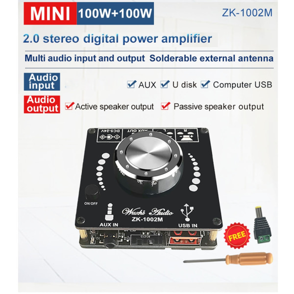 ZK-1002M 100W+100W Bluetooth-kompatibel 5.0 Power Audio-forstærkerkort Stereo AMP-forstærker hjemmebiograf AUX USB-WELLNGS